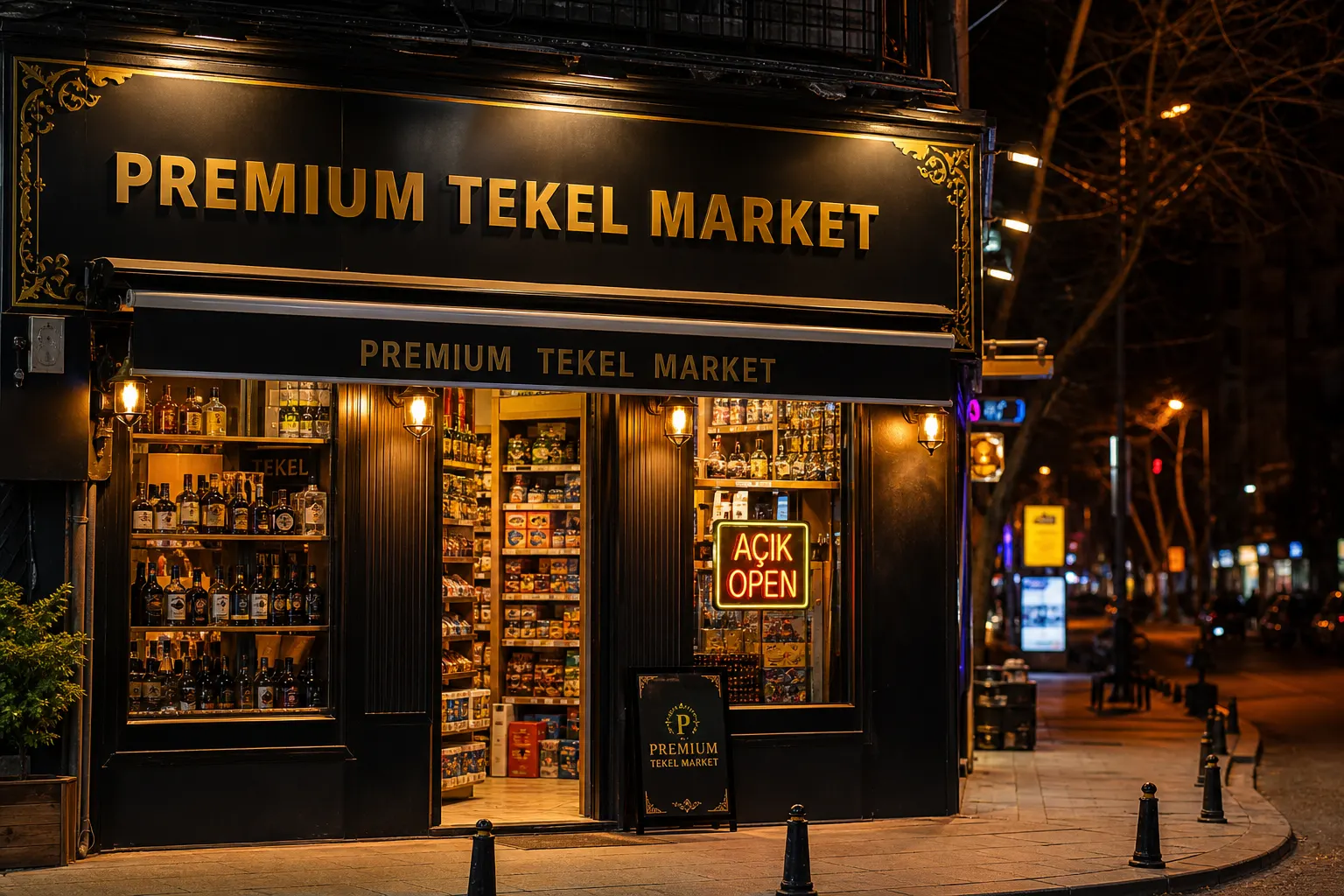 7/24 Buca Tekel market vitrini gece görünümü